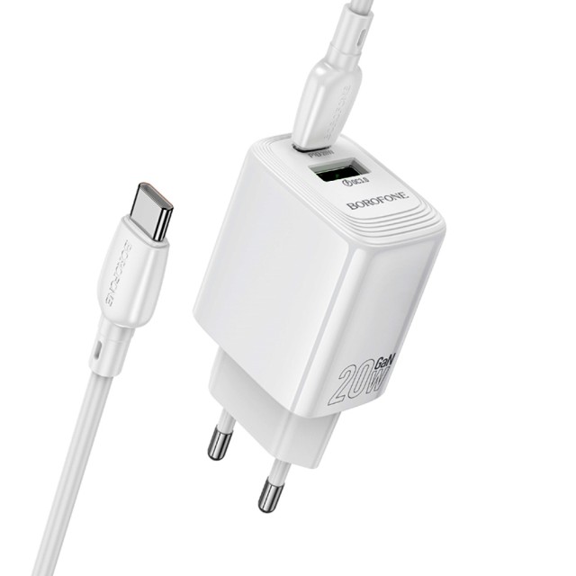Φορτιστής Ταξιδίου Borofone BN27 Fuente GaN με 1xUSB-C PD20W 1xUSB-A QC3.0A και Καλώδιο USB-C σε USB-C Λευκός
