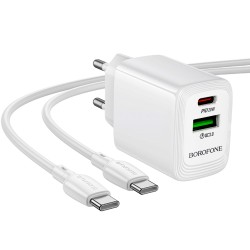 Φορτιστής Ταξιδίου Borofone BN27 Fuente GaN με 1xUSB-C PD20W 1xUSB-A QC3.0A και Καλώδιο USB-C σε USB-C Λευκός
