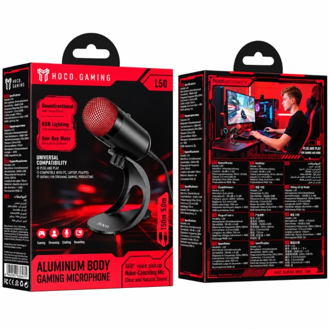 Επιτραπέζιο Μικρόφωνο Hoco L50 Profit για Streaming Gaming Video Calls RGB USB-C Πολυκατευθυντικό Μικρόφωνο Κουμπί Mute Μαύρο