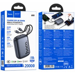 Power Bank Hoco Q55 Rock Mini 20000mAh PD20W QC USB-C USB-A και Ενσωματωμένα Καλώδια USB-C Lighting LED Γκρι με Πιστοποίηση CCC