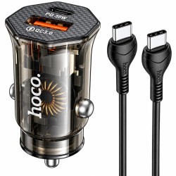 Φορτιστής Αυτοκινήτου Hoco. DZ16 Apex Lightweight USB-C PD30W + USB-A 18W QC3.0A με Καλώδιο USB-A σε USB-C Διάφανος Φιμέ