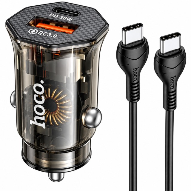 Φορτιστής Αυτοκινήτου Hoco. DZ16 Apex Lightweight USB-C PD30W + USB-A 18W QC3.0A με Καλώδιο USB-A σε USB-C Διάφανος Φιμέ