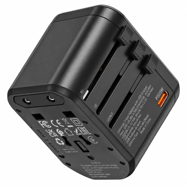 Φορτιστής Ταξιδίου Hoco. DC44 Universal Converter US EU AU UK με 2xUSB-A 1xUSB-C PD20W Μαύρος
