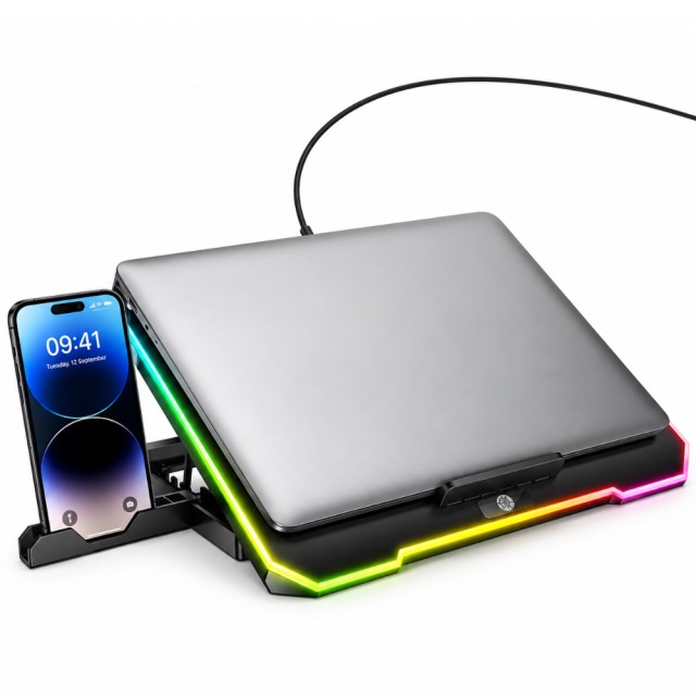 Laptop Cooler Hoco. DH19 Cool RGB με 2 Ανεμιστήρακια 1200Rpm και Stand Κινητού για Φορητούς Υπολογιστές έως 17"