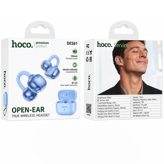 Wireless Hands Free Open-Ear Hoco. DES61 Cool TWS v6.0 250mAh 6h Ώρες Λειτουργίας Μπλε με Μπλε Silicon Sleeve