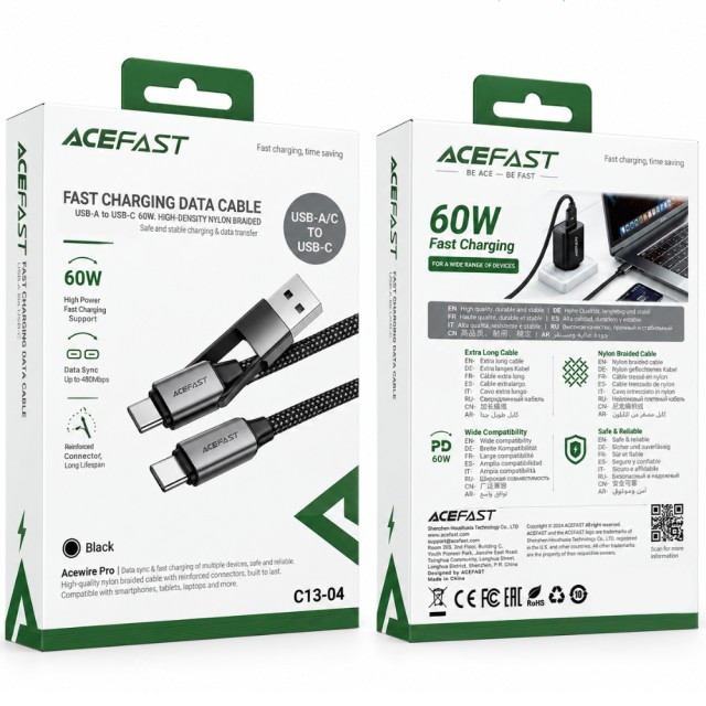 Καλώδιο Acefast C13-04 USB-C σε USB-C / USB-A 3A 60W Braided Μαύρο 1.2m Καλώδιο Acefast C13-04 USB-C σε USB-C / USB-A 3A 60W Braided Μαύρο 1.2m