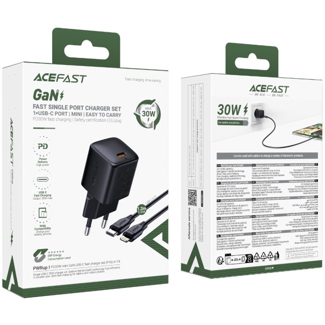 Φορτιστής Ταξιδίου Acefast A118 Mini Fast Charging 1xUSB-C PD30W QC3.0 GaN με USB-C σε Lightning Καλώδιο 1.2m Μαύρος Φορτιστής Ταξιδίου Acefast A118 Mini Fast Charging 1xUSB-C PD30W QC3.0 GaN με USB-C σε Lightning Καλώδιο 1.2m Μαύρος