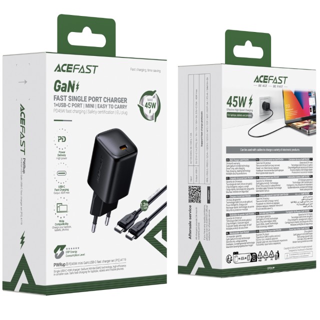 Φορτιστής Ταξιδίου Acefast A119 Mini Fast Charging 1xUSB-C PD45W QC3.0 GaN με Καλώδιο USB-C σε USB-C 1.2m Μαύρος Φορτιστής Ταξιδίου Acefast A119 Mini Fast Charging 1xUSB-C PD45W QC3.0 GaN με Καλώδιο USB-C σε USB-C 1.2m Μαύρος