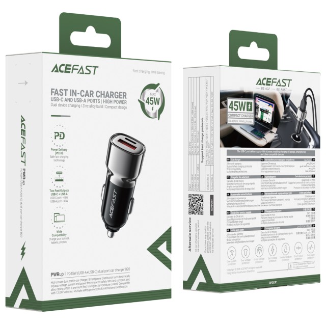 Φορτιστής Αυτοκινήτου Acefast B20 PD45W 1xUSB-A 1xUSB-C Μαύρος Φορτιστής Αυτοκινήτου Acefast B20 PD45W 1xUSB-A 1xUSB-C Μαύρος