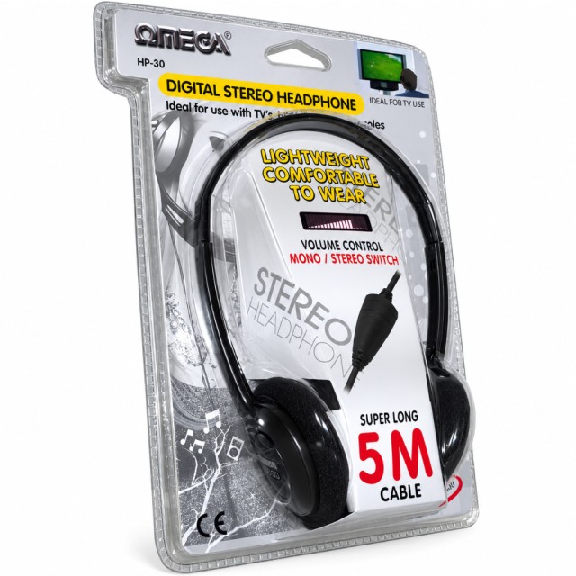 Ακουστικά Stereo/Mono Omega 10030 HP-30 Lightweight 3.5mm με Αντάπτορα 6.3mm και Καλώδιο 5m Ιδανικά για TV DVD Hi-Fi Μαύρα