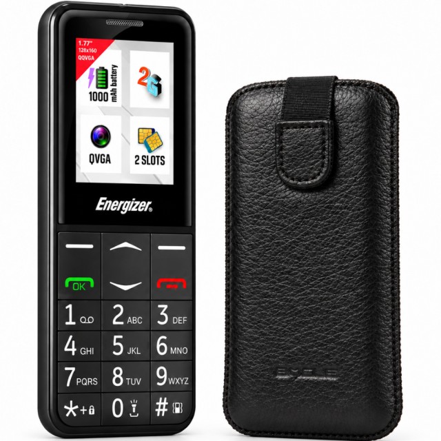 Energizer Feature E4 32MB/2GB Dual Sim 2G 1.77" με πλήκτρο SOS, Handsfree,Φορτιστή UK και EU + Θήκη Protect Ancus Δέρμα Μαύρη