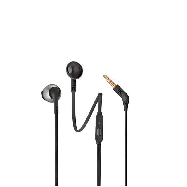 JBL T205Ε, InEar Universal Headphones 1-button Mic,Remote (Black) - JBLT205BLKE