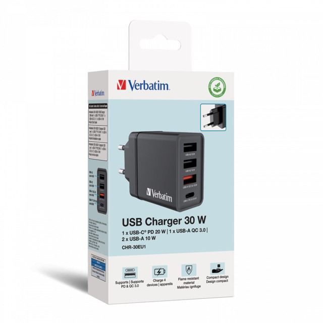 Verbatim CHR-30EU1 GaN Charger 4 Port 30W USB AC