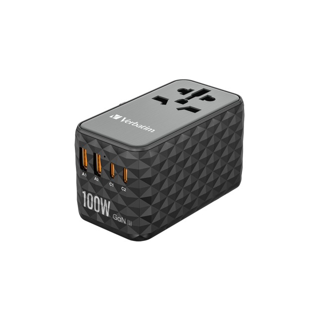Verbatim UTA-06 GaN III Universal Travel Adapter with 2 x USB-C PD 100W   QC 4+ 2 x USB-A QC 3.0